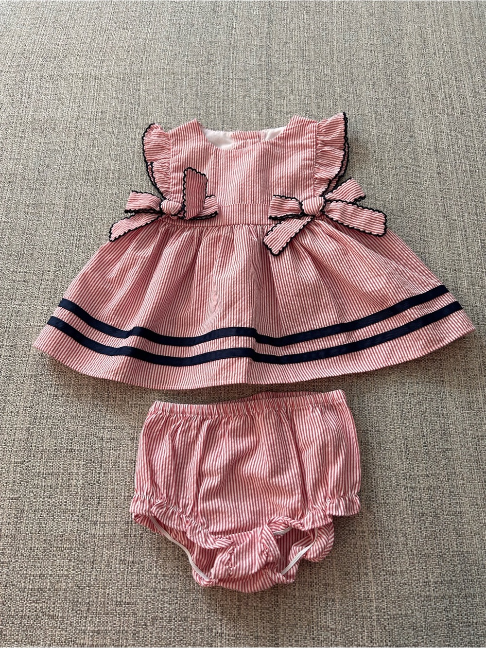 Starting Out Red & Navy Striped Dress with Matching Bloomers. Size 0-3M